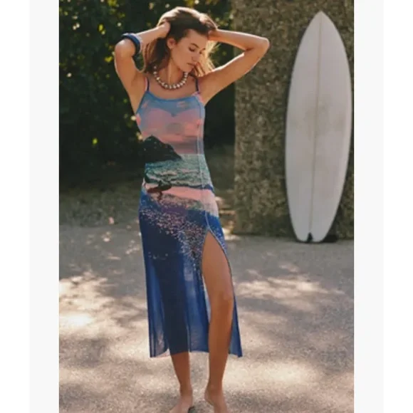 Celandine Printed Mesh Midi Dress Surfs Up Scene Print Small $88 Anthropologie - Picture 2 of 15